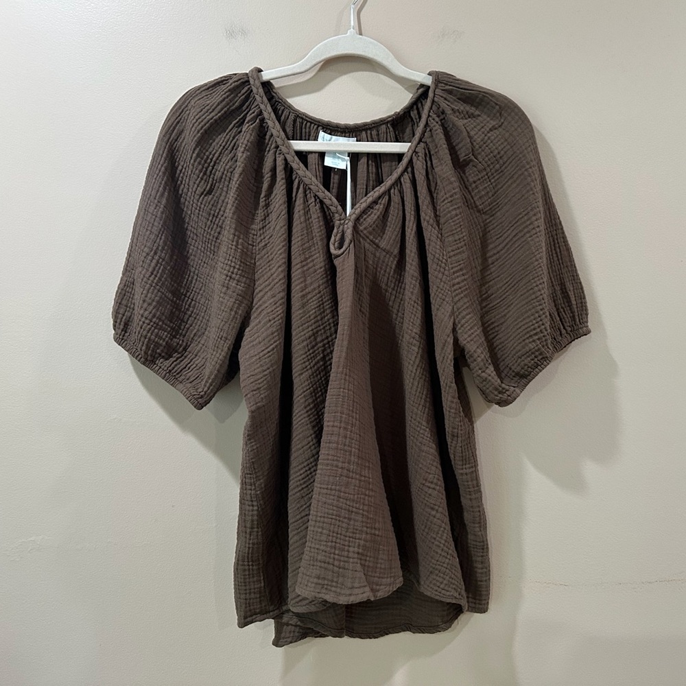 NWT Cynthia Rowley Brown Cotton Gauze Blouse Top Braided Neck Womens Plus 1X